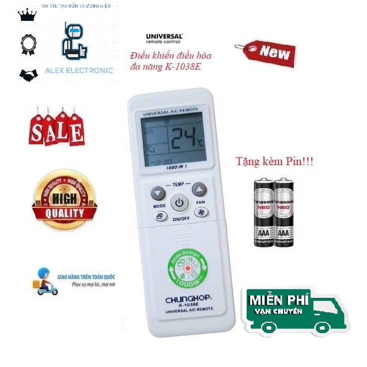 Remote điều khiển điều hoà đa năng K-1038E mới nhất cho tất cả các dòng điều hòa máy lạnh hiện nay Tặng kèm Pin!