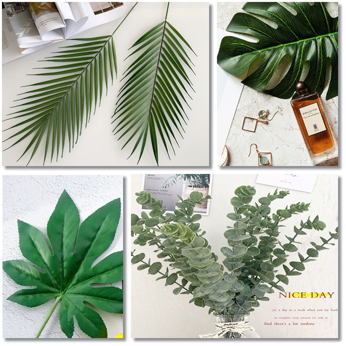 LÁ CÂY TRANG TRÍ background. Lá cây giả lá dừa, bọ rùa, bạch đàn. phụ kiện trang trí chụp ảnh/ decor nhà cửa.