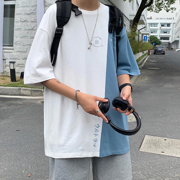 Áo Thun Ngắn Tay Dáng Rộng Phối Màu Tương Phản Thời Trang Hàn Quốc Cho Nam