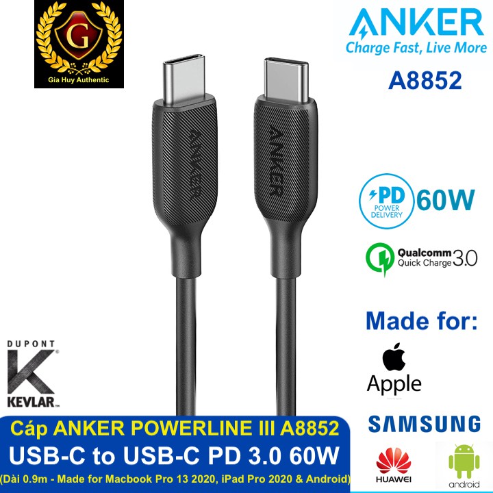 Cáp sạc MacBook Pro 2020, iPad Pro 2020, Switch, Galaxy S10 ANKER Powerline III USB-C to USB-C PD 60W A8852 dài 0.9m