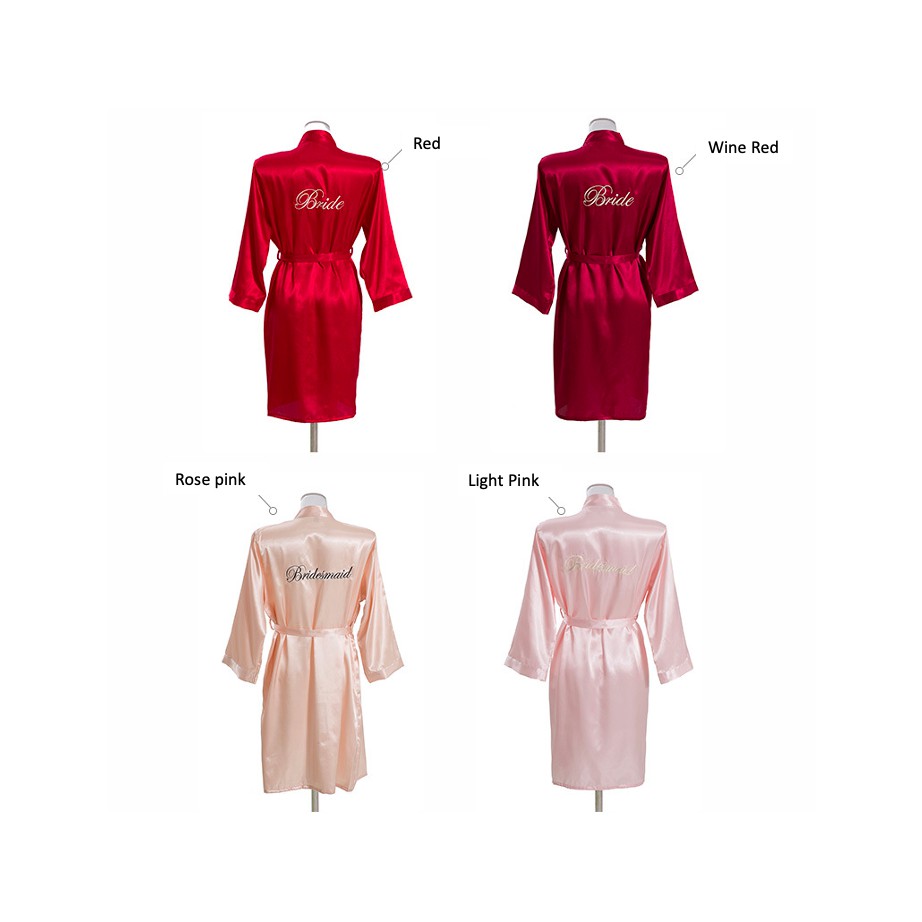 Áo choàng ngủ kimono CÔ DÂU, PHỤ DÂU Chérie Sleepwear lụa satin cao cấp trơn màu có chữ BRIDE và BRIDESMAID Code: W226G