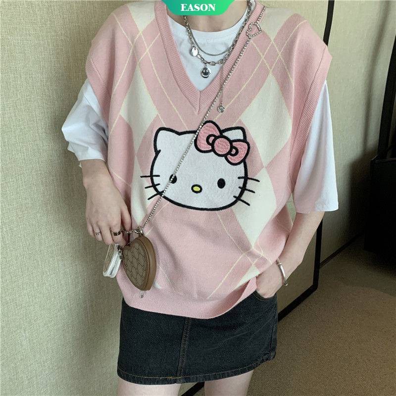Áo Len Cổ Chữ V Không Tay Dáng Rộng In Hình Hello Kitty Phong Cách Kawaii Thời Trang Thu Đông Cho Nữ Sinh 2021