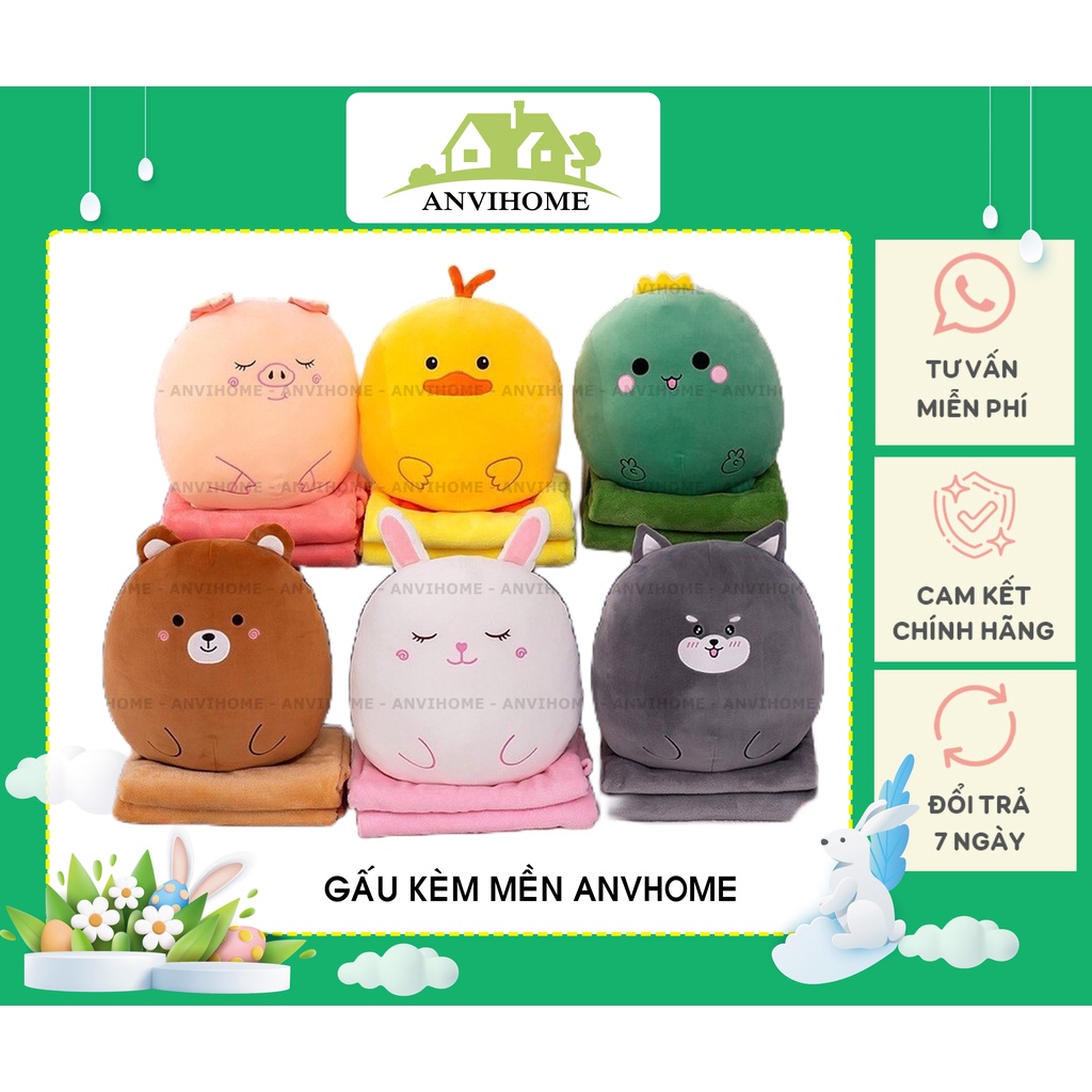 Bộ chăn gối văn phòng (gối mền văn phòng), Gấu bông có chăn (mền) hình Thỏ, Heo, Khủng long, Vịt, Mèo Béo 3in1 Anvihome