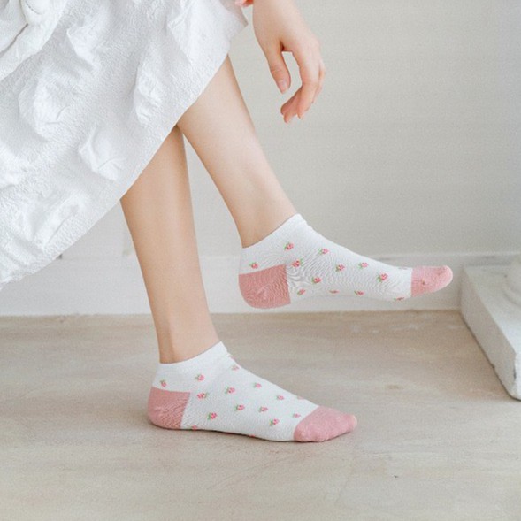Tất Nữ cổ ngắn Đẹp dệt kim thêu tông hồng cotton được chọn màu mẫu CW226