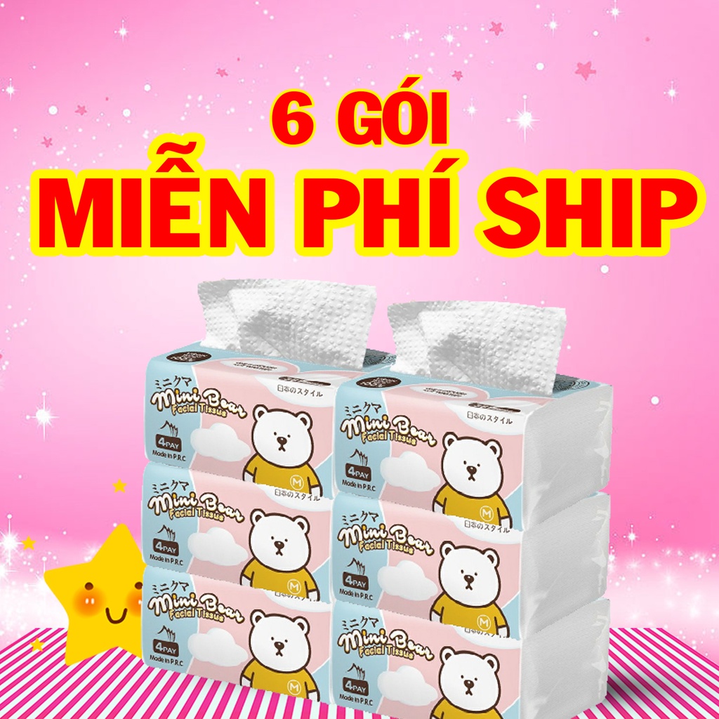 Khăn giấy 6 gói dai đa năng thấm nước 300 tờ 4 lớp, giấy mini bear Nhật