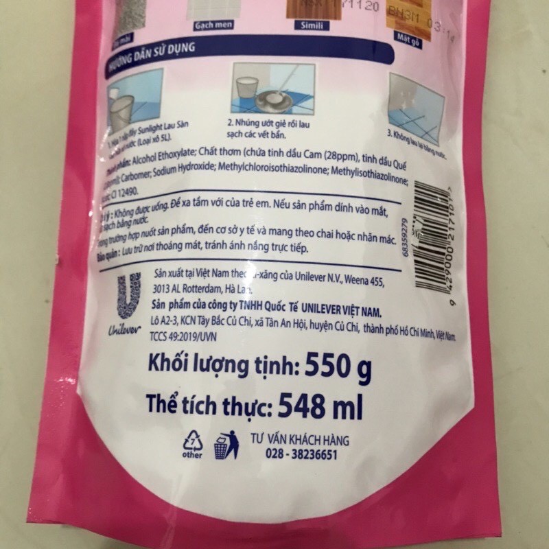 Túi Nước Lau Sàn Sunlight  Hương Hoa LiLy, Chanh Xả Cực Thơm