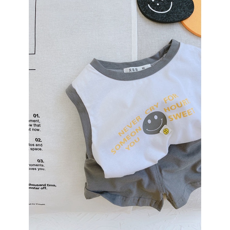 Set Áo Thun Ba Lỗ 100% Cotton Và Quần Short Thoáng Khí In Hình Mặt Cười Thời Trang Mùa Hè Cho Bé