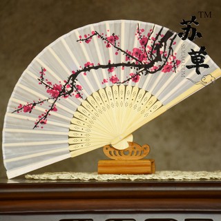 Quạt vải xếp họa tiết hoa anh đào, Quạt xếp cầm tay hoạ tiết hoa phong cách Trung Quốc trang trí sáng tạo - Andhere