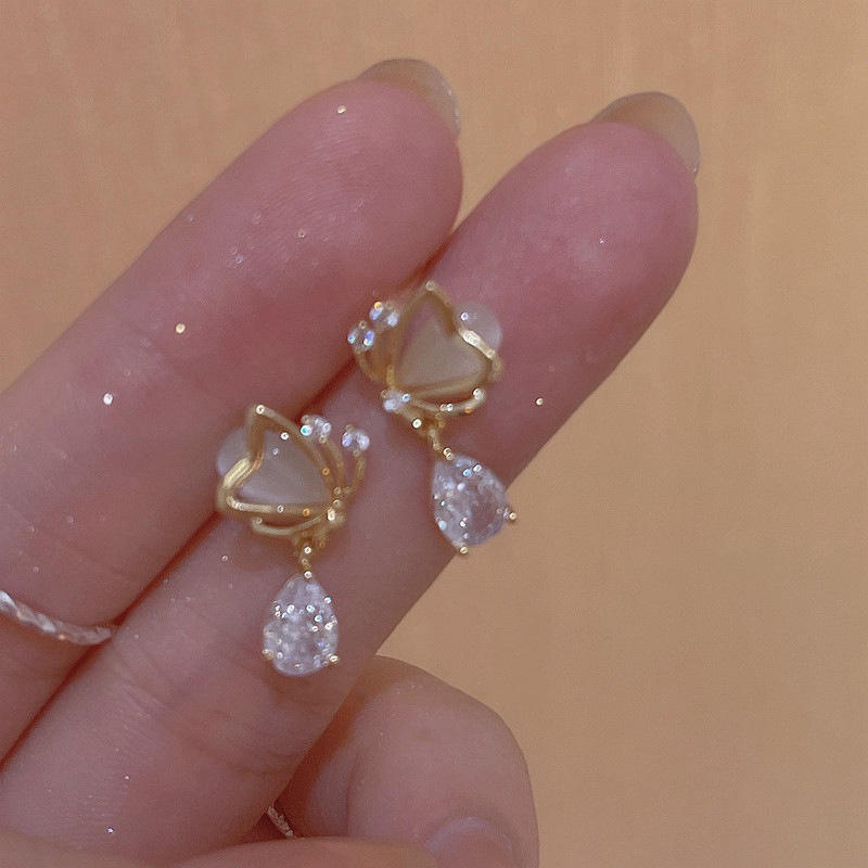 Bông Tai Đính Đá Hình Giọt Nước Họa Tiết Bướm / Trái Tim Phong Cách Hàn Quốc Độ