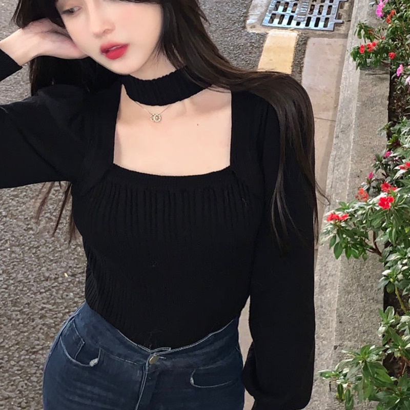 Áo dệt kim cổ vuông tay phồng phong cách Pháp quyến rũ