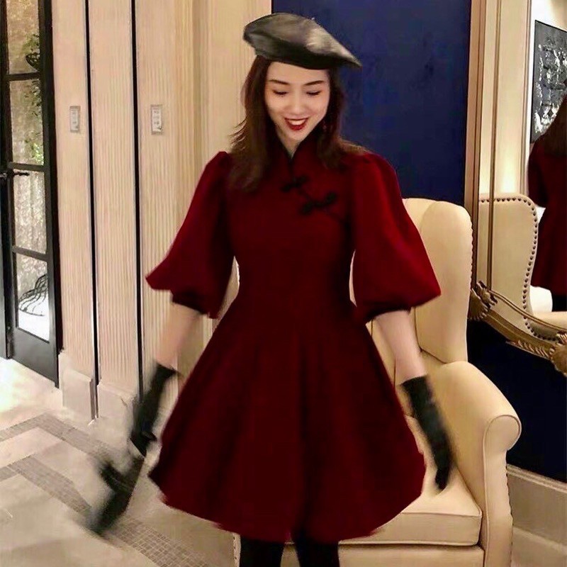 (Ảnh thật váy Noel/Tết) Đầm ulzzang nhung đỏ cổ tàu trung hoa tay bồng 2 lớp mềm mịn dày dặn | BigBuy360 - bigbuy360.vn