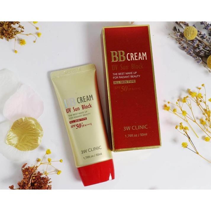 Kem nền trang điểm chống nắng BB Cream UV Sun Block 3W Clinic Hàn Quốc 50ml giúp bảo vệ da trắng sáng tự nhiên