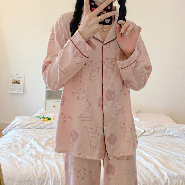 Bộ ngủ Pyjama Hình Bò Sữa Chất Cotton Ulzzang style🌸 Hàng Quảng Châu