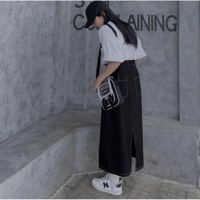 Chân váy xẻ thô dáng xuông kaki viền chỉ cạp chun sau 8804 2 màu Nhung Nhơs C95L