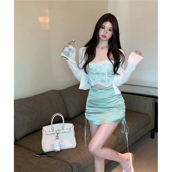Set Áo croptop phối ren + Khoác len + Váy buộc dây taobao (video shop tự quay)