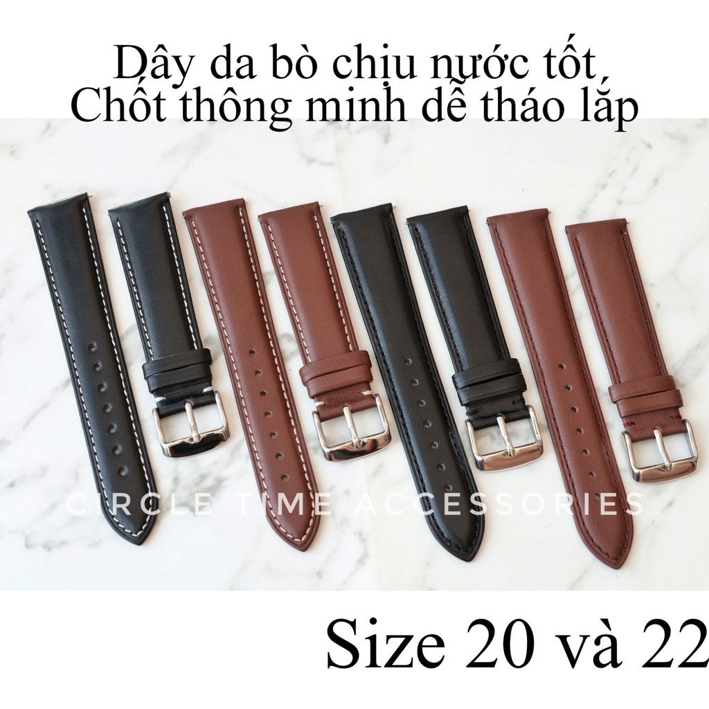 Dây đồng hồ da bò chịu nước size 20 và 22 có chốt thông minh