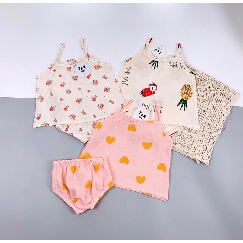 Bộ đồ 2 dây bé gái vải Muslin nhiều màu sắc xinh xắn