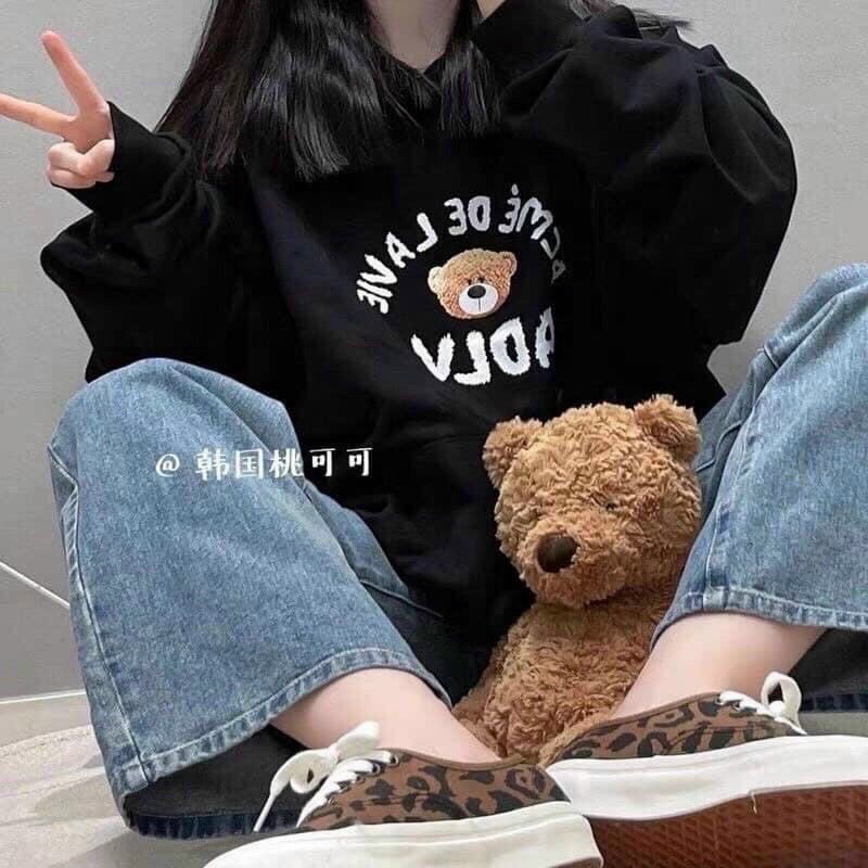 Áo khoác hoodie tay phồng in gấu ADLV freesize ,vải nỉ ngoại dày dặn