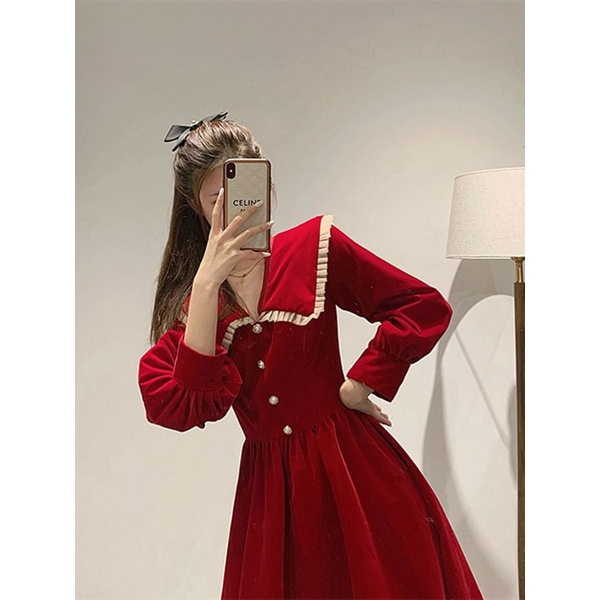 Váy nữ cổ v thiết kế tay phồng dáng dài, Đầm thời trang công sở cao cấp dự tiệc sang trọng V108
