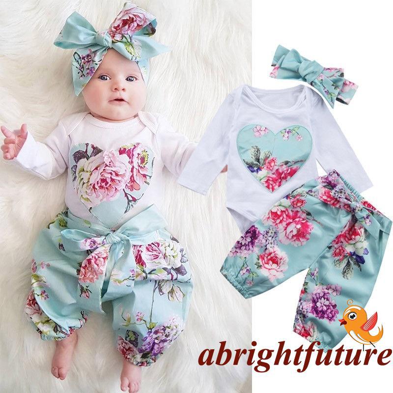 Set áo liền quần yếm + quần dài lưng thun + băng đô họa tiết hoa dễ thương cho em bé
