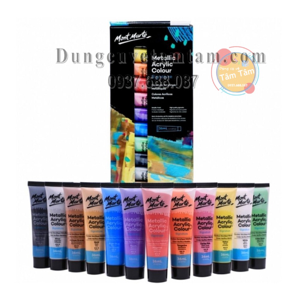[ TÂM TÂM ]-Màu Acrlic ánh nhủ bộ 12 màu, Mont Marte Acrylic METALLIC 12 màu x36ml