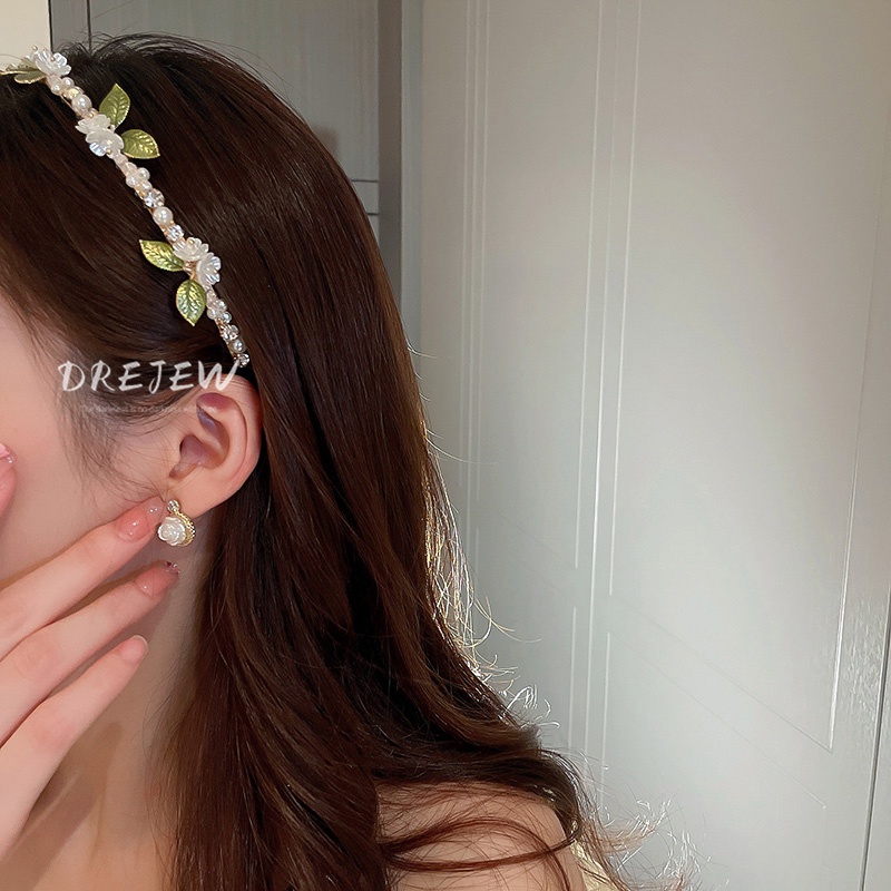 DREJEW Kẹp tóc hình hoa lá đính ngọc trai phong cách Hàn Quốc