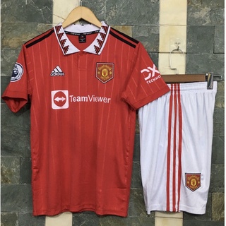 Bộ Quần Áo Đá Bóng CLB MU Manchester United màu đỏ sân nhà 2022-2023 - Áo đá banh MU đỏ có cổ bẻ quần trắng