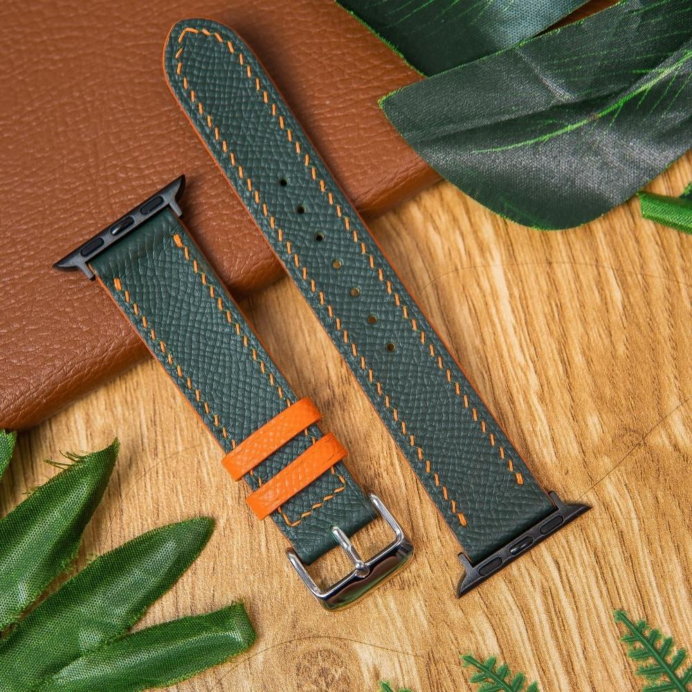 Dây da đồng hồ Apple- Watch seriees 3 4 5 6 Epsom phối màu cam lót Zermatt size 38mm 40mm 42mm 44mm handmade Vnstrap Q48