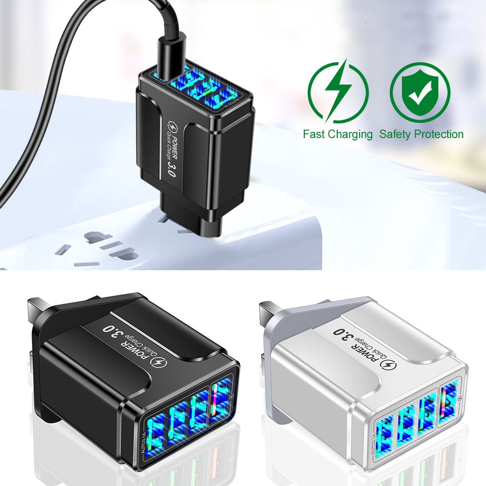 QC 3.0 3A LED Wall Charger Fast Adapter 4USB Charging Adapter Block Illuminated Travel Plug
