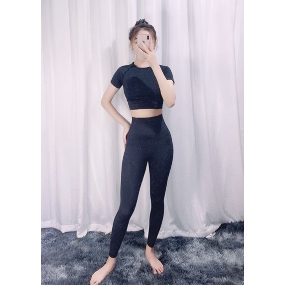 Bộ đồ tập gym nữ 3 món | quần dài legging, áo croptop tay ngắn, bộ tập yoga dệt kim co giãn 4 chiều SET03