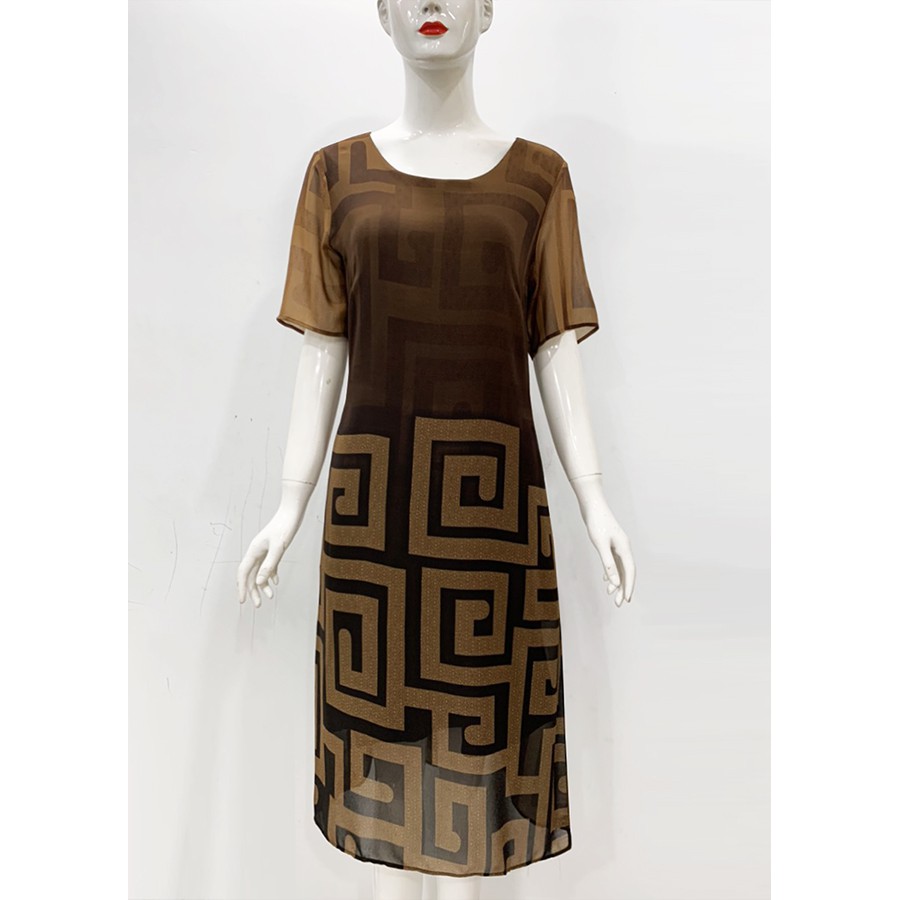 GOTI - Đầm Trung Niên Nữ Cao Cấp Dáng Suông Rộng Chữ A Dài Qua Gối Tay Ngắn Voan 2 Lớp Cho Me U50 U60 GOTI 3280