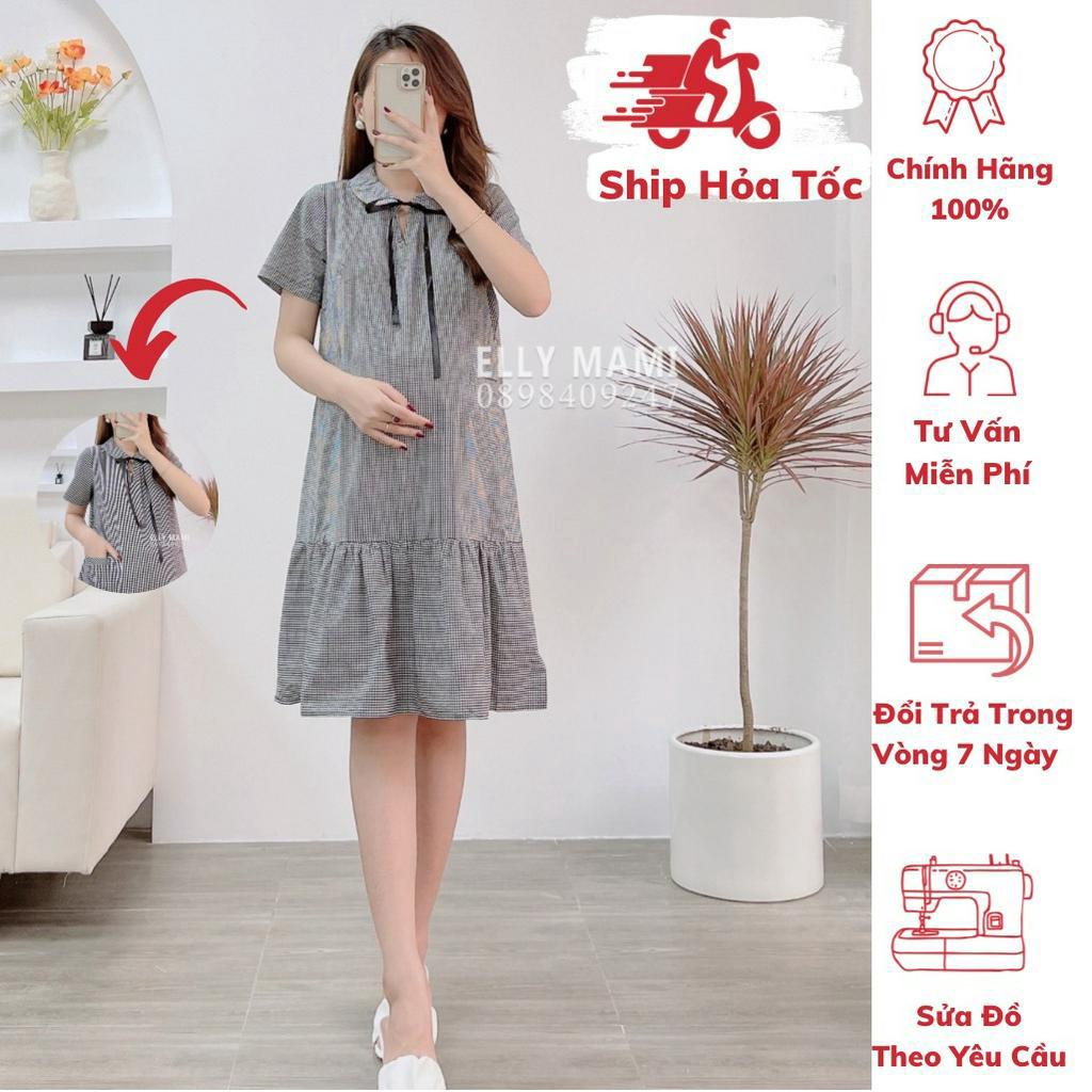 ( 40kg - 95kg ) Đầm Bầu ,Suông Caro Nhỏ Cổ Sen Nơ Form Dễ Mặc Thoải Mái Suốt Thai Kì &amp; Sau Sinh