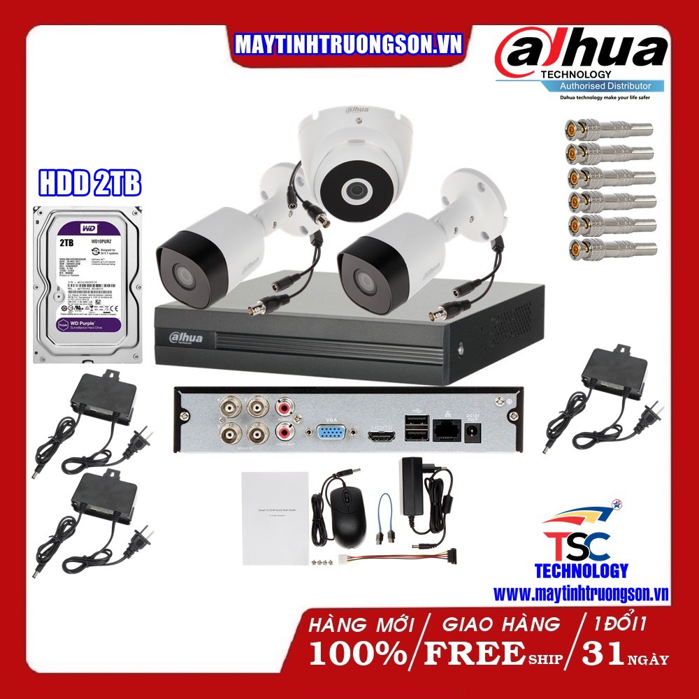 Combo Camera TSCD42T1D DAHUA 3 Mắt Cam 2M Chính Hãng | Kèm Ổ Cứng Lưu Trữ 2Tb/ 2000Gb