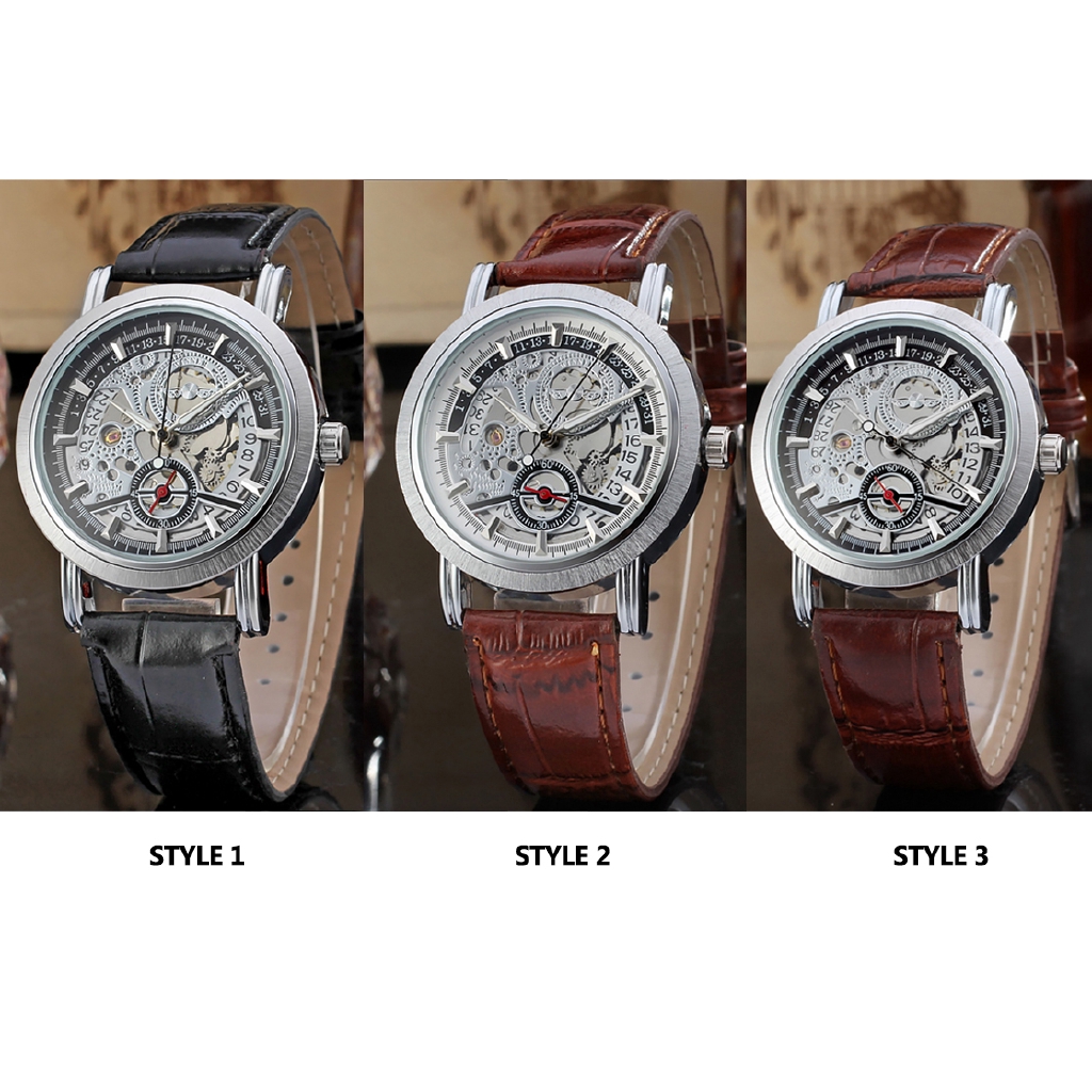 WINNER Top Brand Men Auto Mechanical Watch Date Sub-dial Skeleton Hollow Out Self-winding Genuine Leather Strap Watches