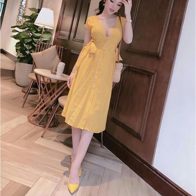 ĐẦM SUÔNG CỔ KHOÉT PHỐI NÚT (kem ảnh thật)