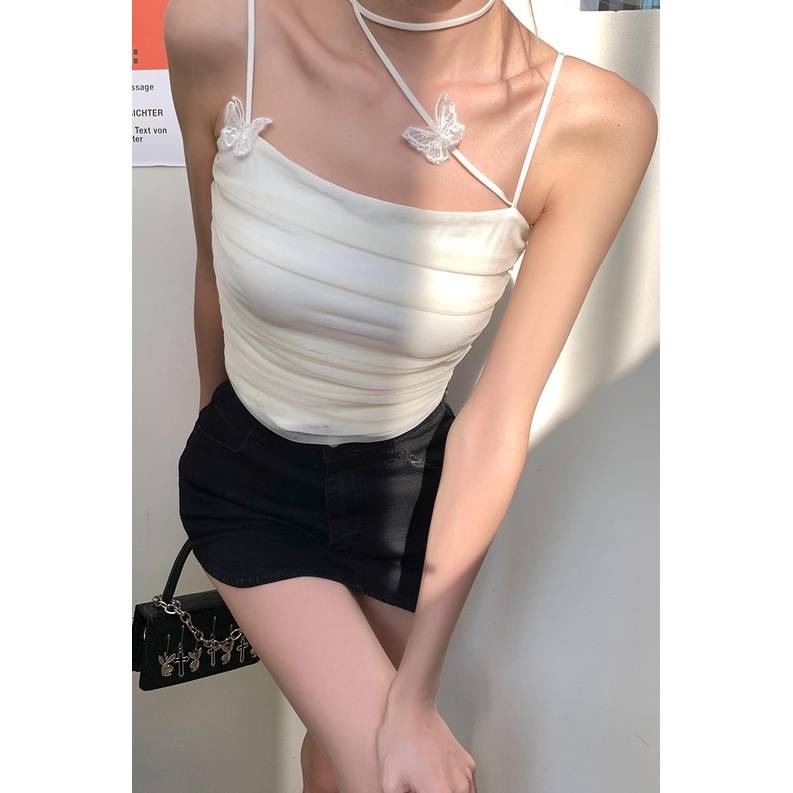 Áo Tank Top Xếp Ly Phối Ren Hình Bướm Thời Trang Cho Nữ
