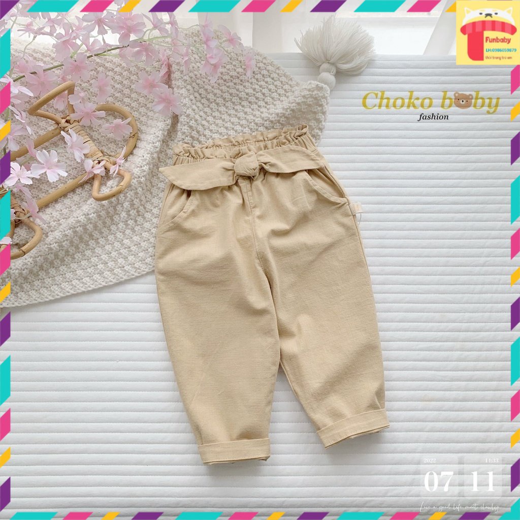 Quần thu đông bé gái 1-6 tuổi buộc nơ cạp chun, Quần kaki dài cho bé dáng thể thao dày dặn