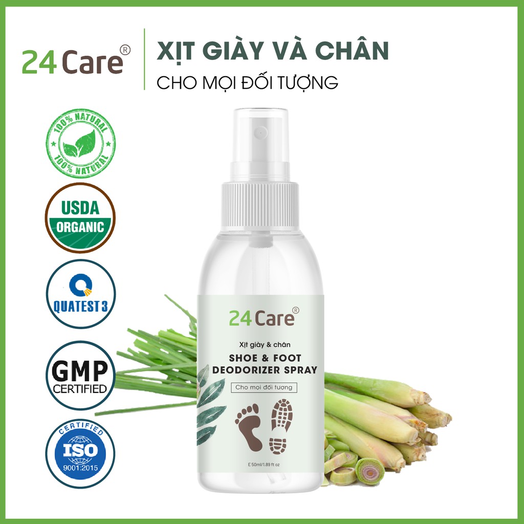 Xịt khử mùi giày và chân 24Care 50ml-lưu hương, sạch khuẩn chiết xuất tinh dầu thảo mộc