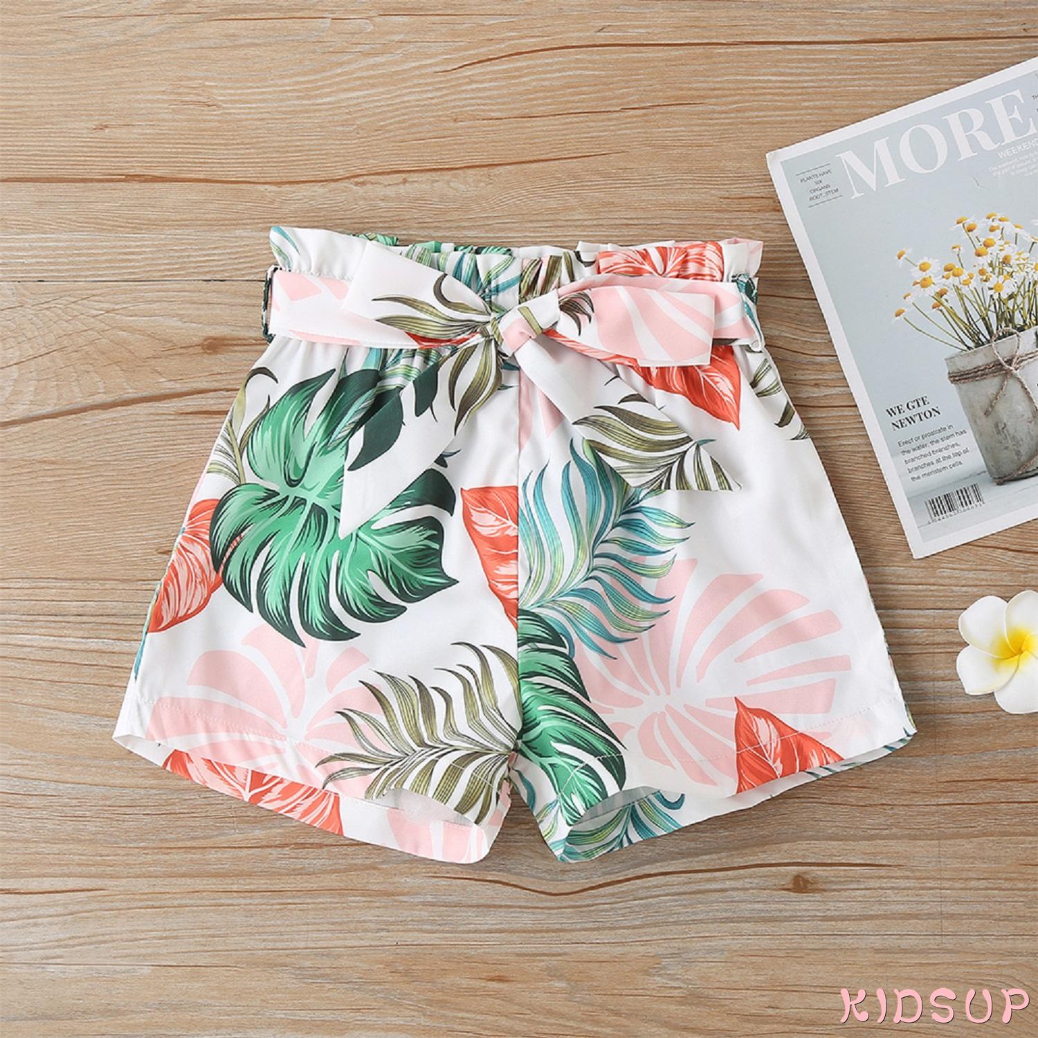 Bộ Áo Croptop Tay Phồng + Quần Short Lưng Cao In Họa Tiết Lá Cây Thời Trang Mùa Hè Cho Bé Gái