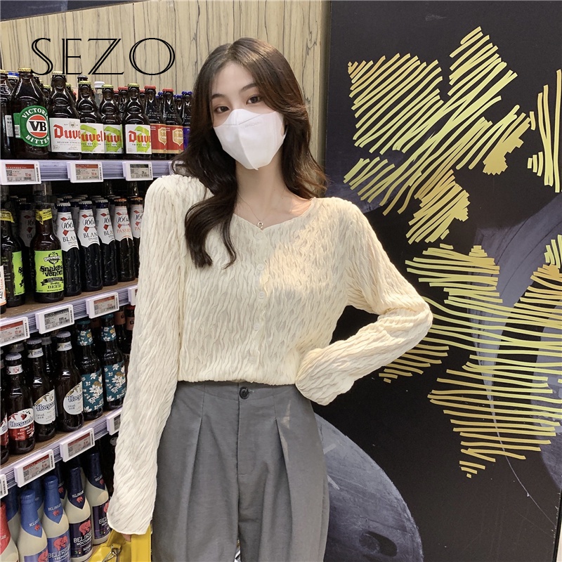 QKOOLE  Áo nữ tay dài cổ chữ V phong cách Hàn Quốc