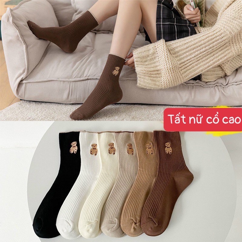 Tất nữ cổ cao họa tiết hình gấu chất liệu vải len tăm co giãn thời trang Hàn Quốc
