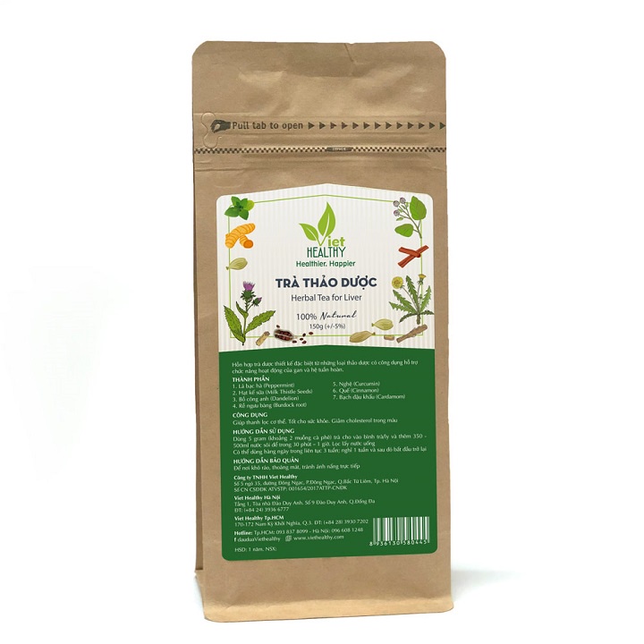 Trà thải độc gan Viet Healthy 150g, thành phần: Lá bạc hà, kế sữa, Bồ công anh, Rễ ngưu bàng, Nghệ, Quế, Bạch đậu khấu