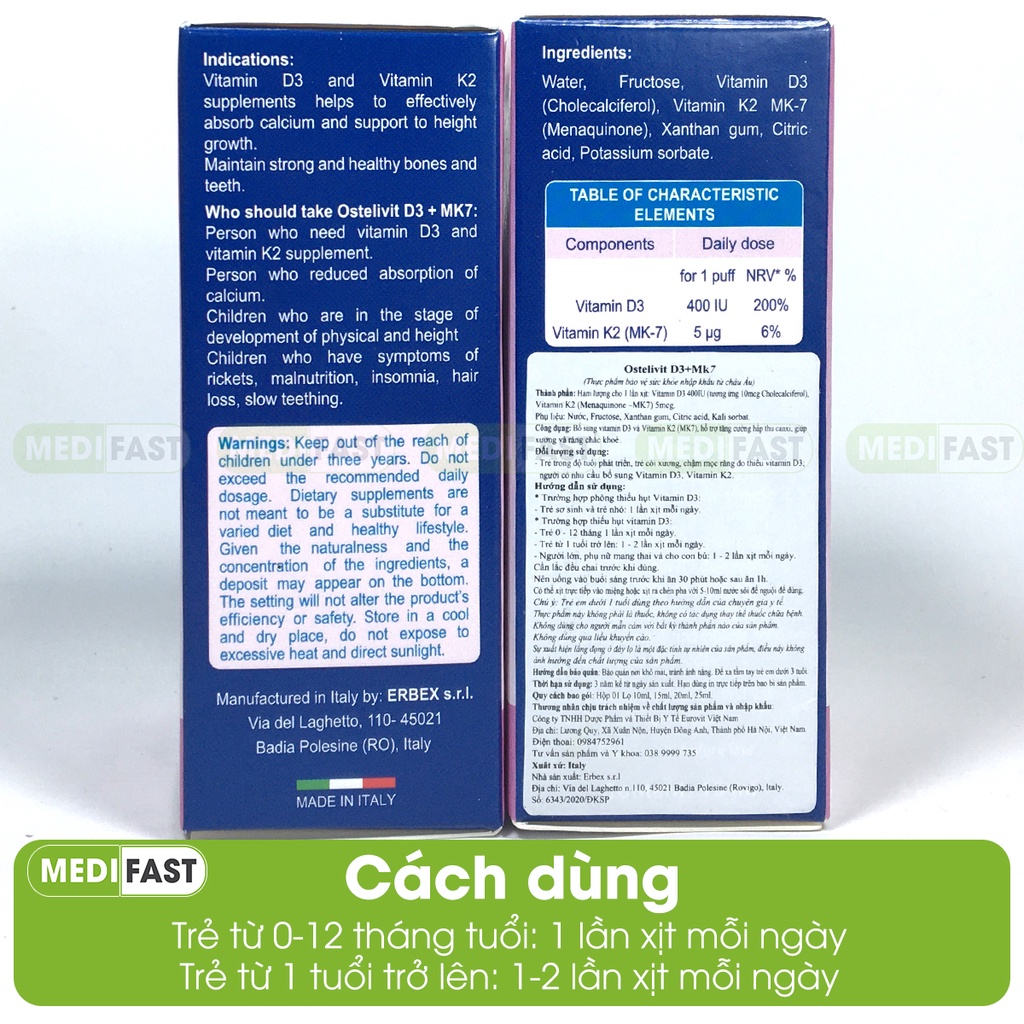 Bổ sung vitamin D3, K2 - Ostelivit D3+MK7 - giúp bé tăng cường hấp thu canxi, xương răng chắc khỏe - Lọ 15 ml từ Ý