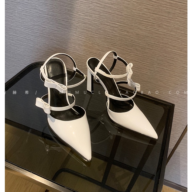 Giày cao gót da mềm mũi nhọn phối nơ thời trang mùa xuân cho nữ 2022