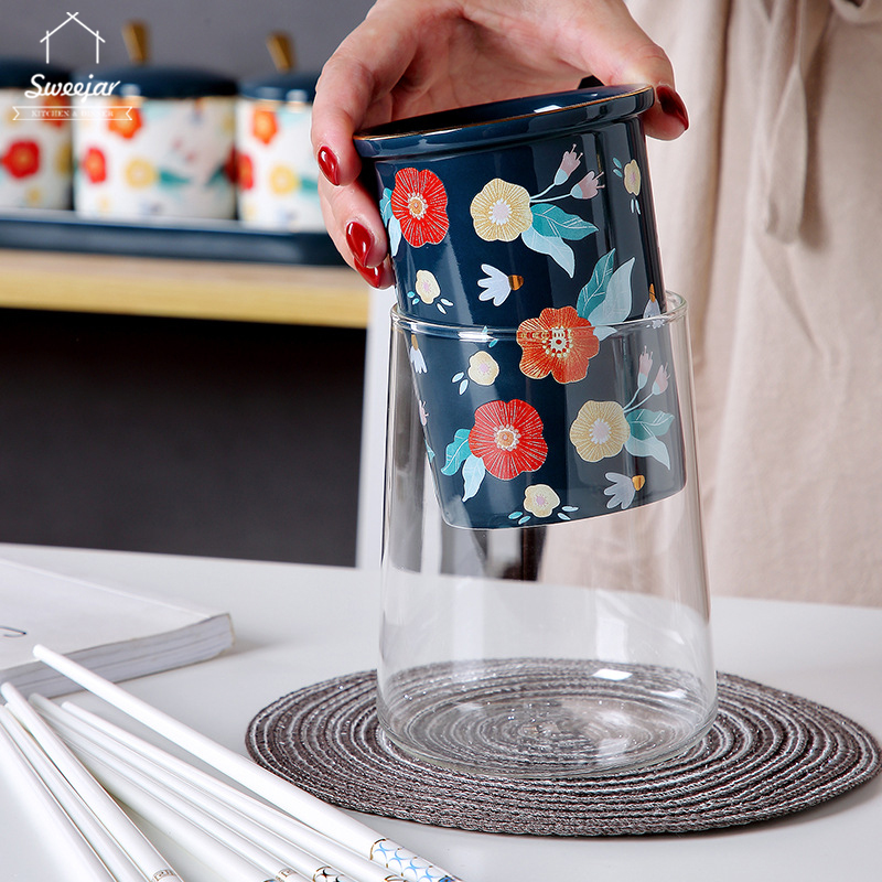 SWEEJAR Ống Đựng Muỗng Đũa 2 Lớp  Bằng Thủy Tinh Borosilicate Và Gốm Tiện Dụng Cho Nhà Bếp
