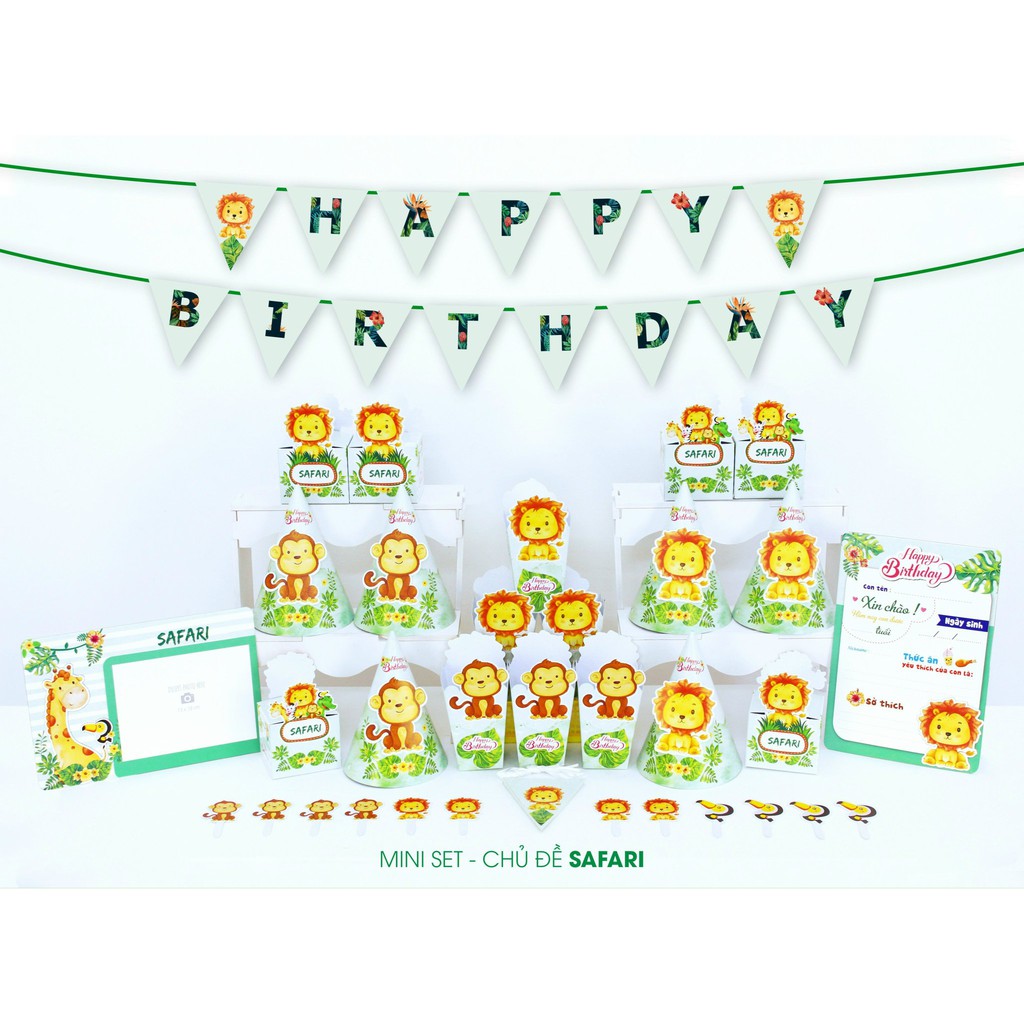MINI SET TRANG TRÍ BÀN TIỆC NHIỀU CHỦ ĐỀ CHO BÉ - sư tử, khỉ, chuột, trâu, sọc... màu xanh, hồng, vàng...