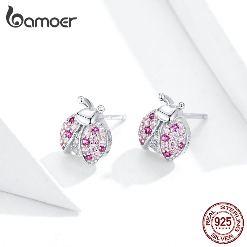 Khuyên tai Bamoer SCE715 xi bạc 925 hình chú bọ rùa đính đá màu hồng thời trang cho nữ