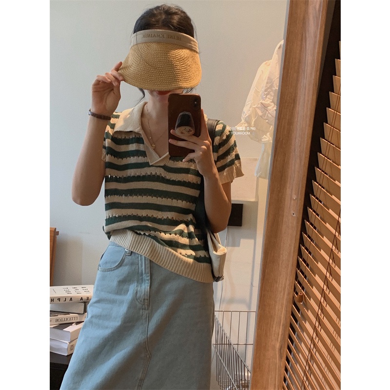 Áo thun Xiaozhainv tay ngắn cổ chữ V họa tiết kẻ sọc 5 màu phong cách thời trang cho nữ