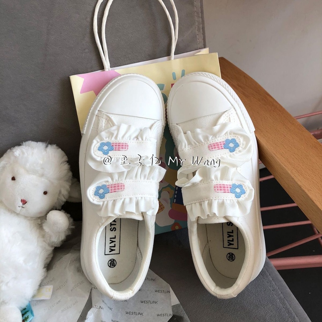 Giày Thể Thao Canvas Khóa Dán In Hình Gấu Nhỏ Phong Cách Nhật Bản Mới Cho Nữ