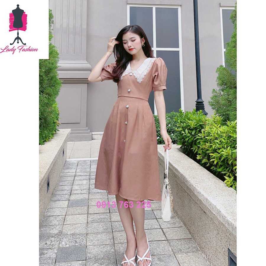 [freeship] Váy Đầm Chữ A Phối Lá Cổ D026